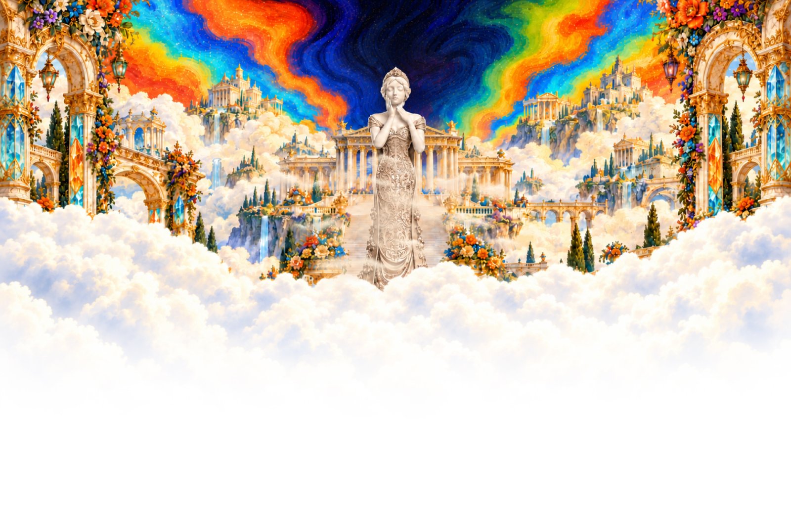 MUSE illustration world with colourful skies, golden architecture and clouds